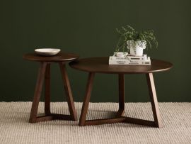 Modern living room containing Franki 2pce round hardwood coffee and side table set in walnut