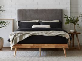 Modern bedroom with Franki 2PCE Headboard and Bed Base Set in Natural Hardwood and grey fabric