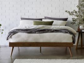 Modern bedroom containing Franki queen bed base in rustic walnut hardwood