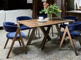 Room with Modern Dining Furniture containing Gaudi 7PCE Dining Set with Rustic Hardwood Table & Navy Blue Chairs