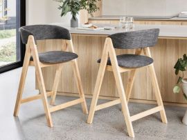 photo of modern dining room featuring gaudi hardwood counter stool in natural finish and eco-friendly charcoal fabric