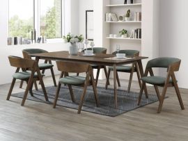 modern dining room containing gaudo hardwood dining set in walnut and green fabric