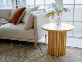 Photo of Jasper Round Side Table | Natural Hardwood in a modern living room