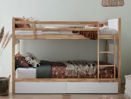 Modern kids bedroom containing myer single bunk bed with underbed storage in white and natural hardwood