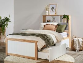 photo of Myer King Single bed in natural hardwood with storage drawers