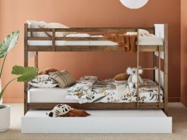 Modern kids bedroom containing Myer Hardwood King Single Bunk with trundle in white and walnut