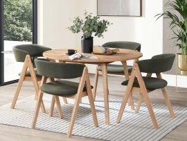 Modern dining room containing Oslo 5pce round dining set in natural hardwood and green fabric