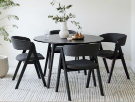 photo of Oslo 5PCE Black  Sustainable Hardwood Round Dining Set with eco-friendly charcoal fabric in modern dining room. 