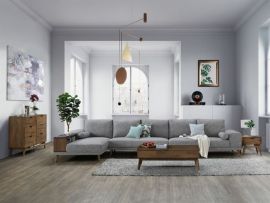 Room with modern living room furniture containing Paris Modular Sofa Series with L-Shape Extension Sofa with Chaise in Grey Fabric