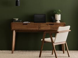 Modern home office containing Paris Hardwood 2 Drawer Study Desk in rustic walnut with elm dining chair