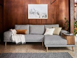 Room with modern living room furniture containing Paris Modular Sofa Series with L-Shape Sofa with Chaise in Grey Fabric