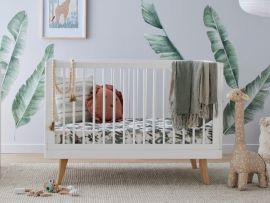 Photo of modern nursery furniture containing Rio 2-in-1 Hardwood Baby Cot in White and Natural