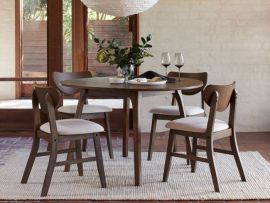 Modern dining room containing Soho 5PCE hardwood dining set in walnut with Soho hardwood dining chairs in walnut with beige fabric