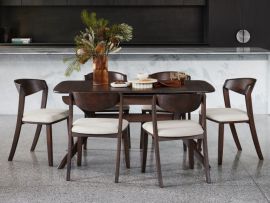Modern home dining room containing Villa 7PCE Hardwood Extendable Dining Set | Arabica Walnut |Beige Fabric