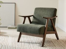 front view of webster green occasional chair in rustic walnut