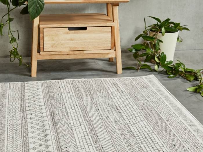 Close up photo of Ash Scandi Indoor Area Rug with modern hardwood bedside table