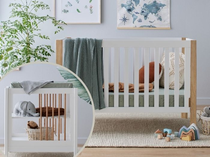 Photo of modern nursery containing Aster 2PCE Hardwood Convertible Baby Cot and Changing Table Set in White and Natural