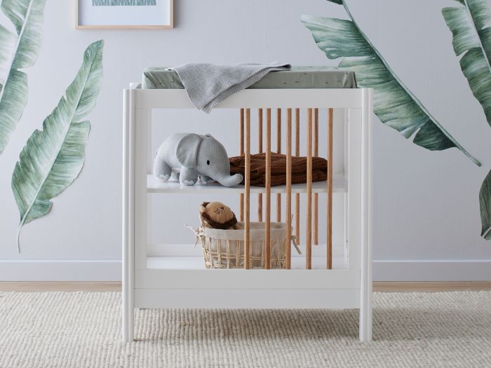Photo of modern nursery containing Aster 2PCE Hardwood Convertible Baby Cot and Changing Table Set in White and Natural