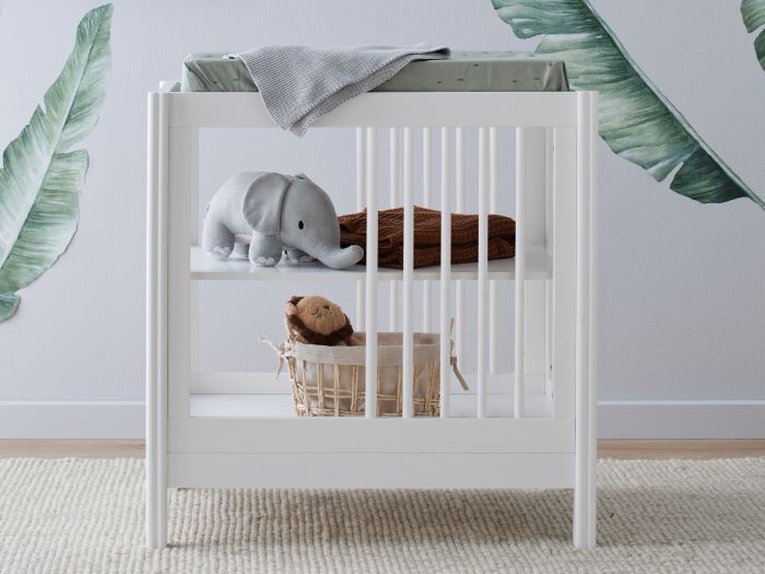 Photo of modern nursery containing Banskia 2PCE Hardwood Baby Cot with Storage and Changing Table Set in White