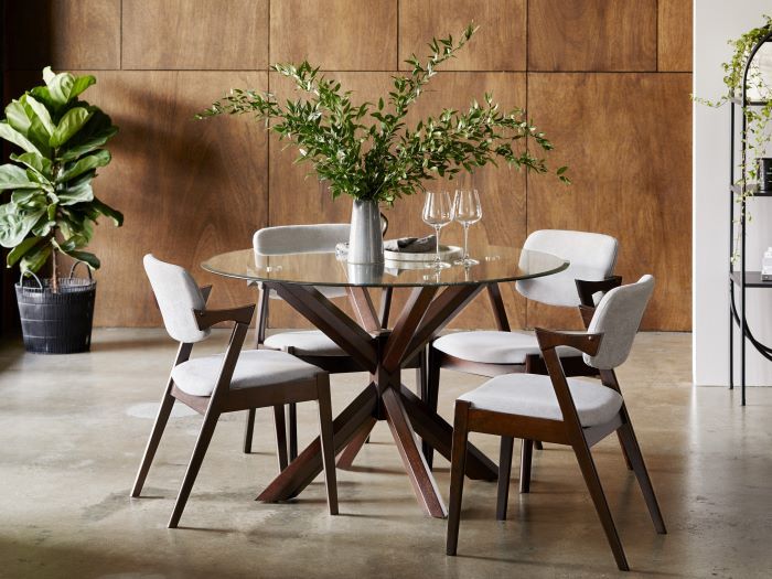 Room with Modern Dining Furniture containing Bella 5PCE Glass Top Round Dining Set with Dark Hardwood Frame