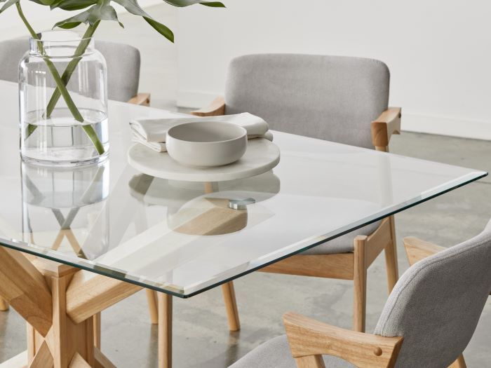 Close up view of Room with Modern Dining Furniture containing Bella 7PCE Glass Top Rectangle Dining Set with Natural Hardwood Frame