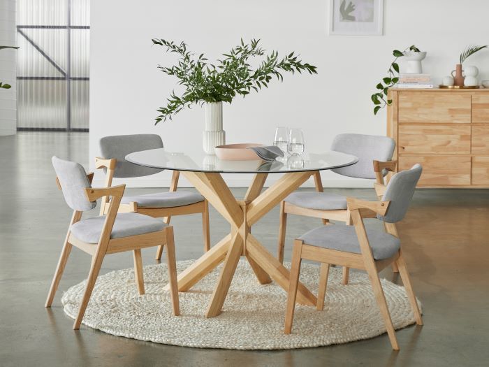 Bella Round Dining Sets Glass Top On, Natural Wood Round Dining Room Table