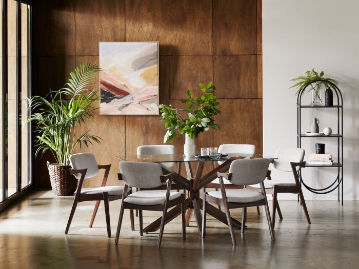 close up of Room with Modern Dining Furniture containing Bella 7PCE Rectangle Glass Top Dining Set with Dark Hardwood Frame