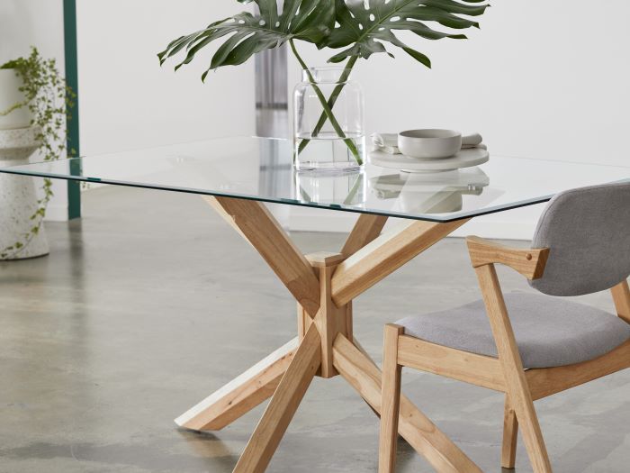 close up of Room with Modern Dining Furniture containing Bella Rectangle Glass Top Dining Table with Natural Hardwood Frame
