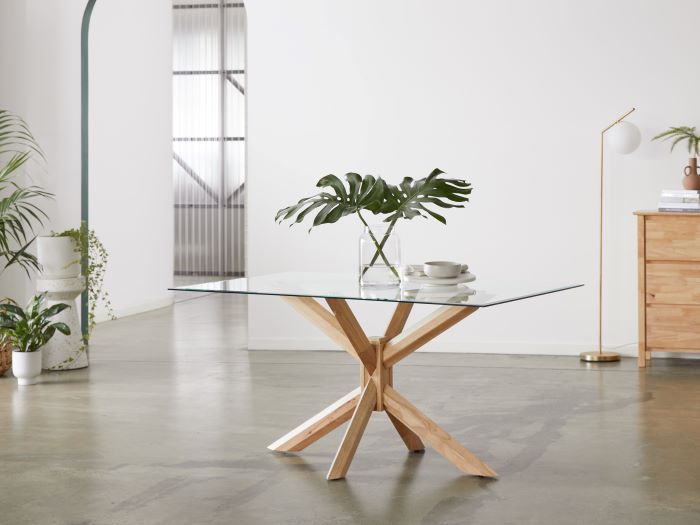 Room with Modern Dining Furniture containing Bella Rectangle Glass Top Dining Table with Natural Hardwood Frame
