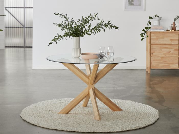 Bella Round Dining Table Glass Top, Glass Round Dining Table Wooden Legs