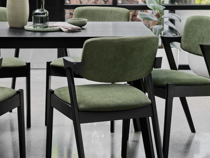  Rear view photo of Bella black hardwood dining chair with green fabric