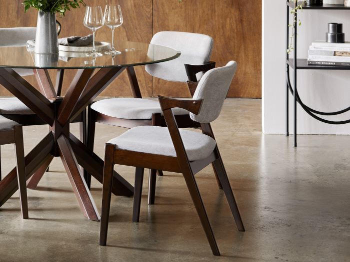 close up view of Room with Modern Dining Furniture containing Bella 5PCE Glass Top Round Dining Set with Dark Hardwood Frame