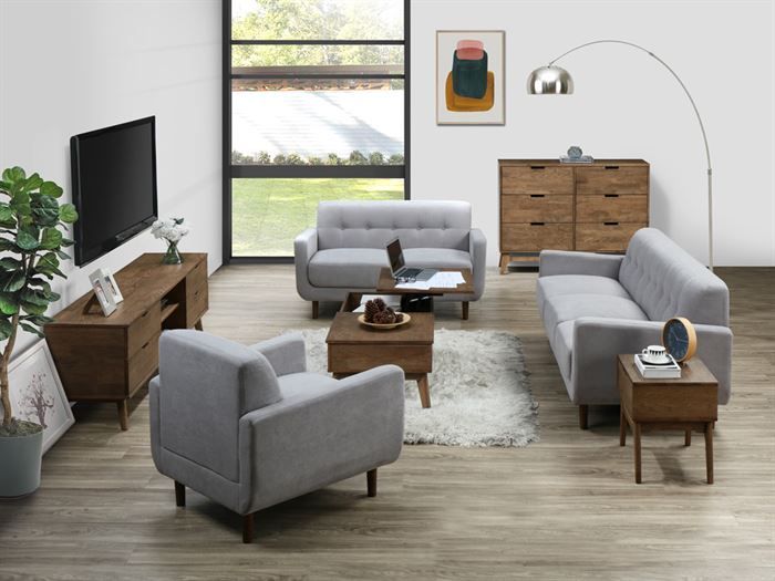 Front view of Room with modern living room furniture containing Bella Sofa, Armchair or Occasional Chair in Grey Fabric