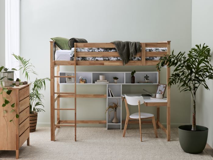 photo of Buddy King Single Loft Bed with Desk and Shelves in natural hardwood in modern bedroom