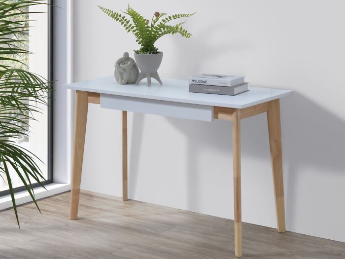 Modern living room containing Byron 1 drawer hall console table or study desk in white and natural 