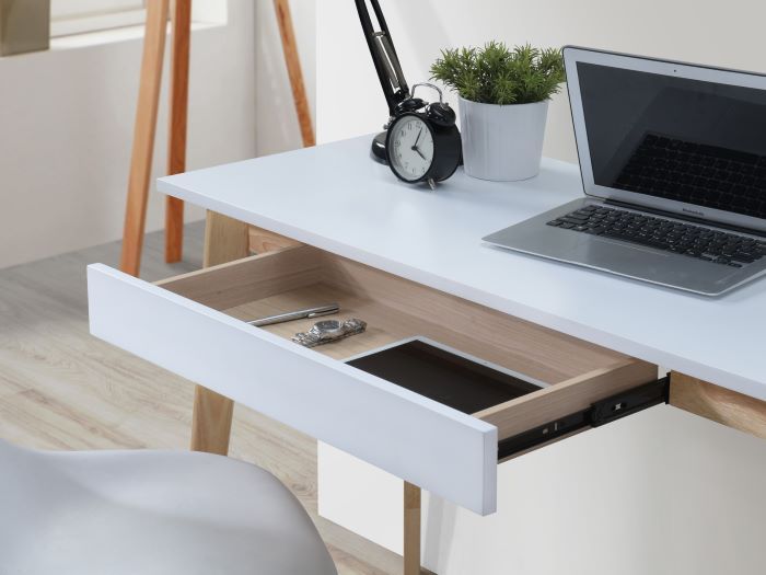 Close up of modern office containing Byron 1 Drawer Hardwood Study Desk in White and Natural 