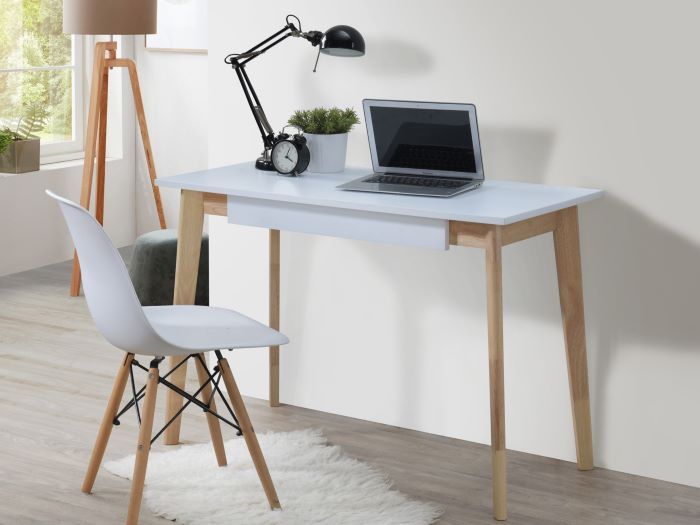 Modern office containing Byron 1 Drawer Hardwood Study Desk in White and Natural 