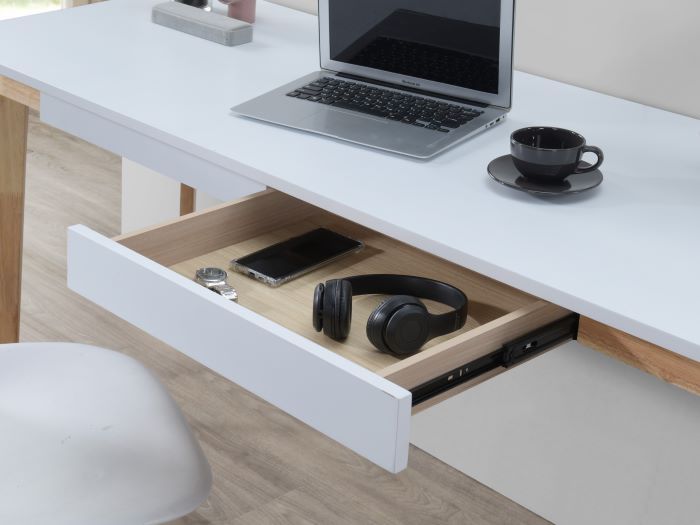 Modern office containing Byron 2 Drawer Hardwood Study Desk in White and Natural