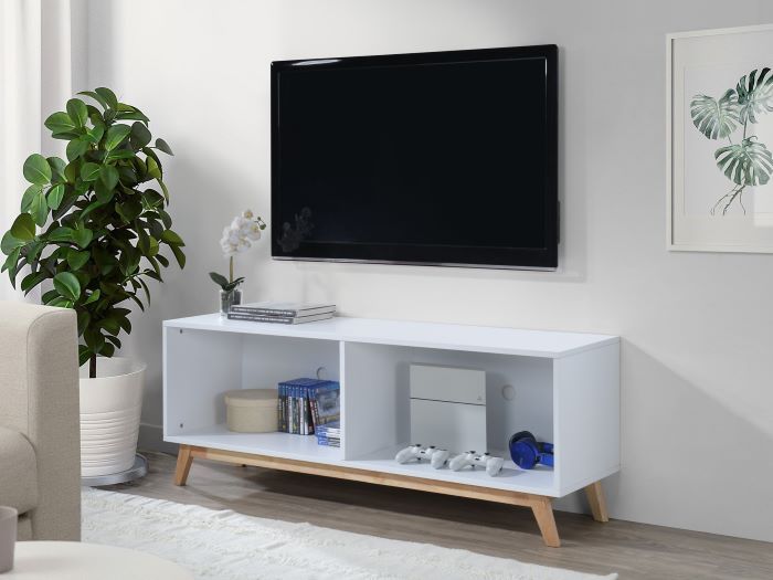 Modern living room featuring Byron Hardwood Tv Entertainment Unit in white and natural. 