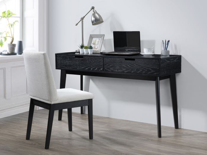 Modern living room featuring Cannes 2 drawer hardwood hall console table or study desk in black.