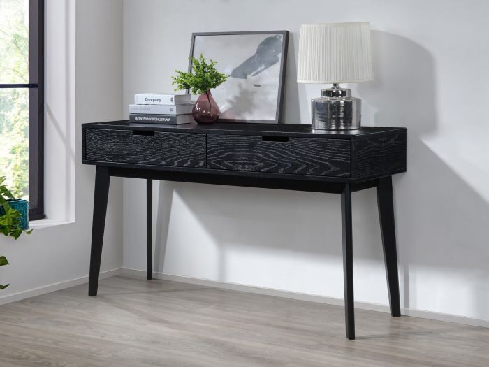 Modern home office containing Cannes Black Hardwood 2 Drawer Study Desk. 
