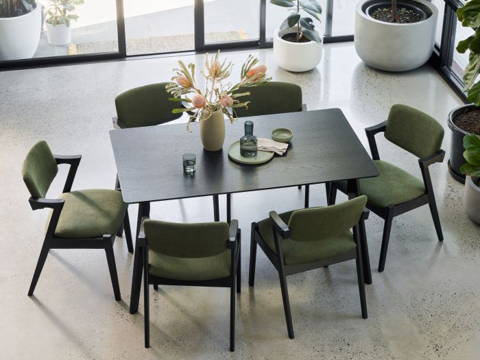 Modern dining room with Cannes hardwood dining set in black with Bella hardwood dining chairs in black and green