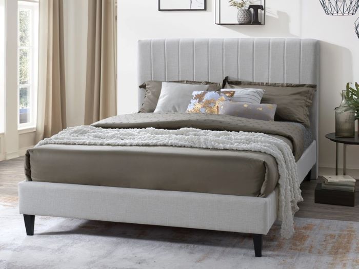 Modern bedroom containing Cannes 2PCE upholstered headboard and bed base bundle in beige