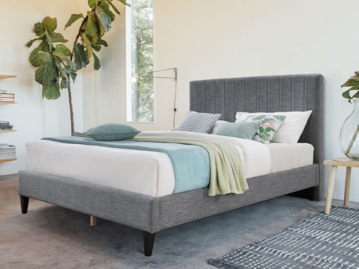 Photo of modern bedroom containing Cannes 2PCE Queen upholstered Headboard and Bed Base Bundle in Charcoal