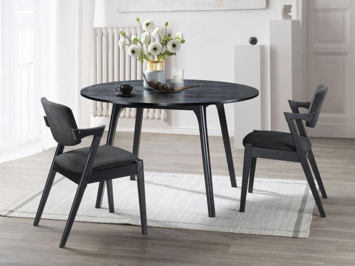 Modern dining room containing Cannes 5PCE Round Black Hardwood Dining Set with Black Fabric