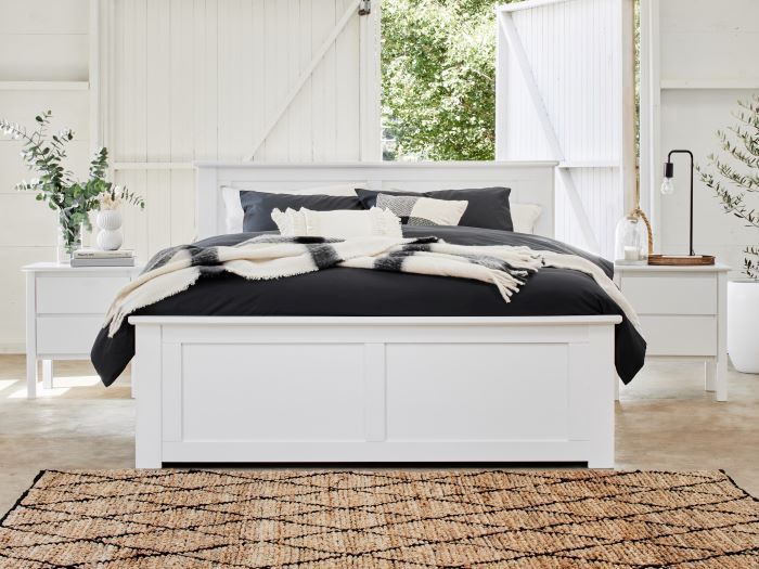 Room with modern bedroom furniture containing Coco White Queen Bed Frame with Storage Drawers 