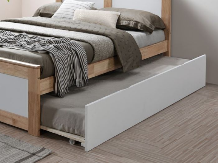 photo of modern bedroom with coco double bed in natural hardwood timber with underbed trundle