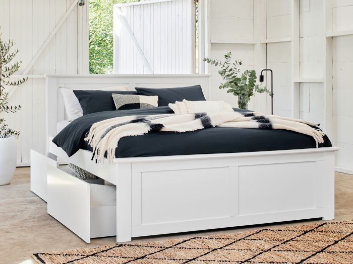 Coco White Queen Bed Frame With Storage, Queen Bed Frame With Storage Space Underneath