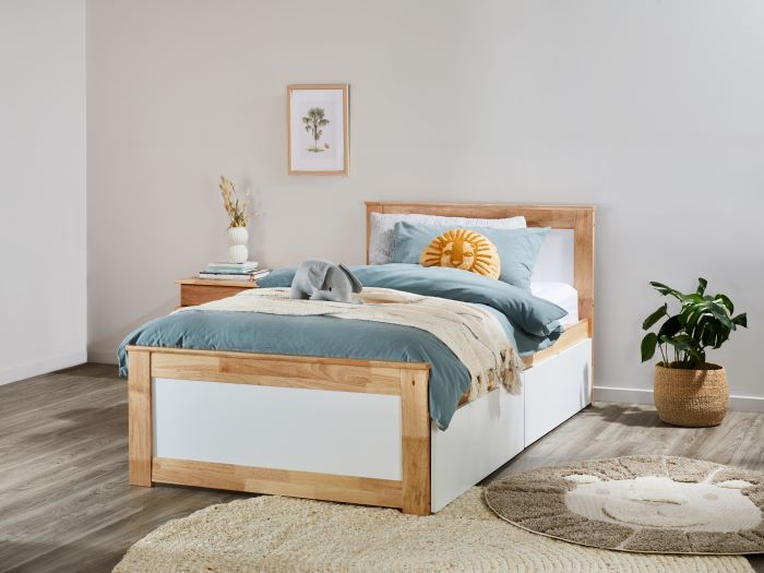 photo of the Coco Single Bed in natural hardwood with storage drawers