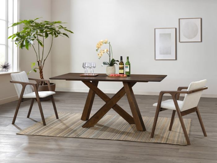 Modern dining room containing Cruz 7PCE Hardwood Dining Set in walnut and beige fabric